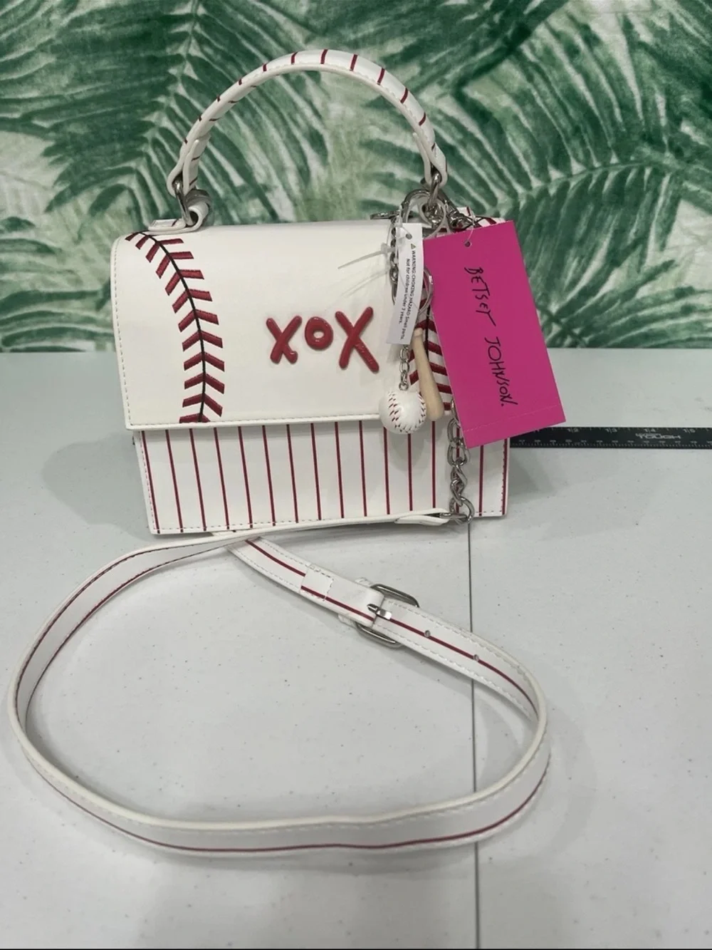 Betsey Johnson White & Red Baseball XOX Crossbody Satchel